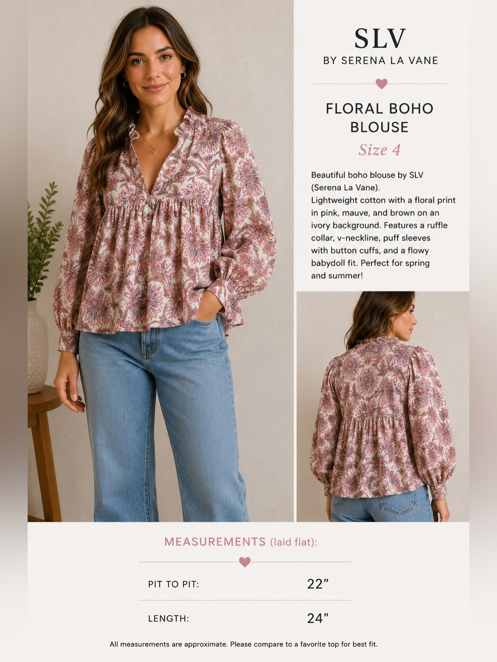 SLV by Serena La Vane Floral Boho Blouse | Size 4 | 100% Cotton